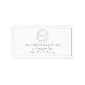 Sage Green Leafy Crest Monogram Wedding Address Label