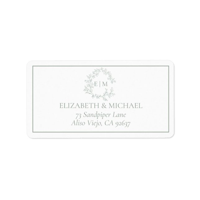 Sage Green Leafy Crest Monogram Wedding Address Label (Front)