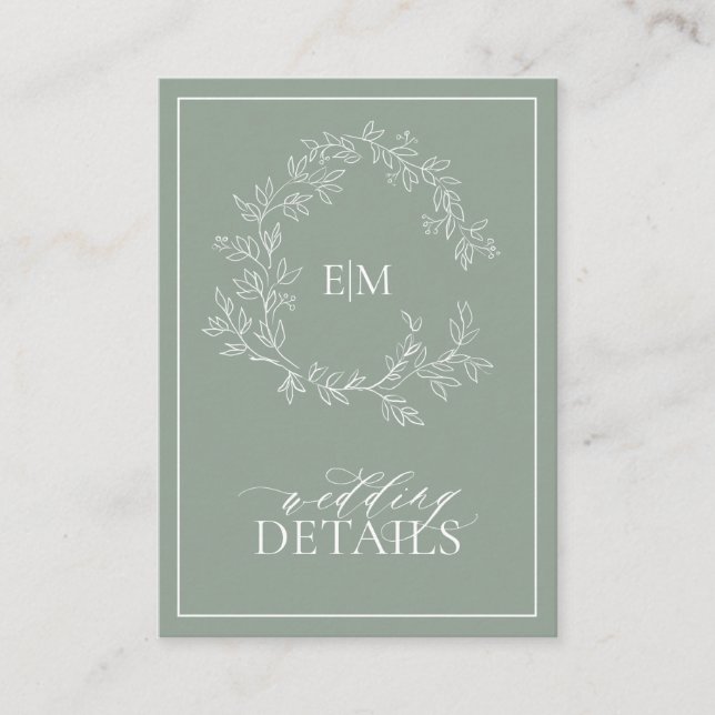 Sage Green Leafy Crest Monogram Wedding Enclosure Card (Front)
