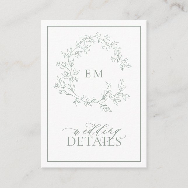 Sage Green Leafy Crest Monogram Wedding Enclosure  Card (Front)