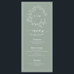 Sage Green Leafy Crest Monogram Wedding Menu<br><div class="desc">Create the perfect reception setting! We're loving this trendy, modern sage green 4"x 9" wedding menu! Simple, elegant, and oh-so-pretty, it features a hand drawn leafy wreath encircling a modern wedding monogram. It is personalized in elegant typography, and accented with hand-lettered calligraphy. Finally, it is trimmed in a delicate frame....</div>