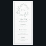 Sage Green Leafy Crest Monogram Wedding Menu<br><div class="desc">Create the perfect reception setting! We're loving this trendy, modern sage green 4"x 9" wedding menu! Simple, elegant, and oh-so-pretty, it features a hand drawn leafy wreath encircling a modern wedding monogram. It is personalized in elegant typography, and accented with hand-lettered calligraphy. Finally, it is trimmed in a delicate frame....</div>