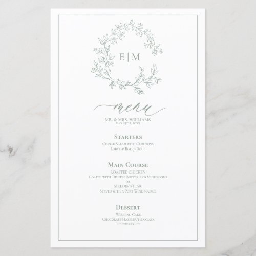 Sage Green Leafy Crest Monogram Wedding Menu