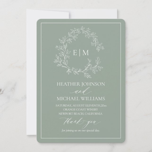 Sage Green Leafy Crest Monogram Wedding Program (Front)