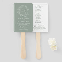 Sage Green Leafy Crest Monogram Wedding Program Hand Fan