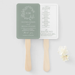 Sage Green Leafy Crest Monogram Wedding Program Hand Fan