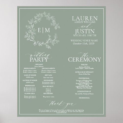 Sage Green Leafy Crest Monogram Wedding Program Poster