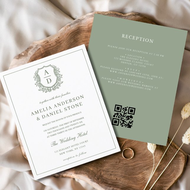 Sage Green Leafy Crest Monogram Wedding QR Code (Creator Uploaded)