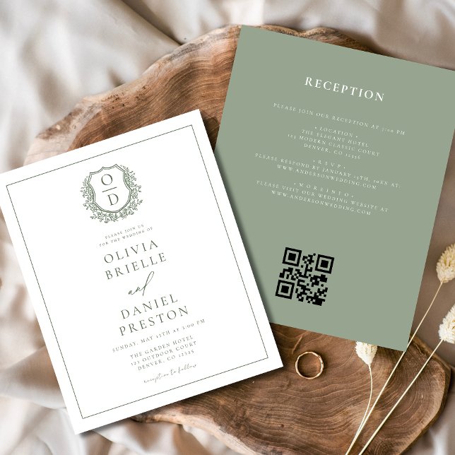 Sage Green Leafy Crest Monogram Wedding QR Code (Creator Uploaded)