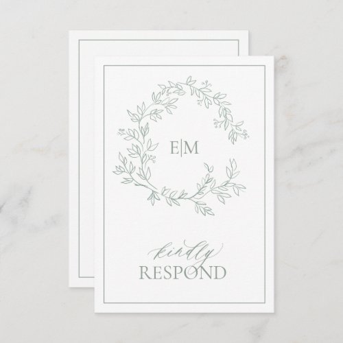 Sage Green Leafy Crest Monogram Wedding RSVP Card