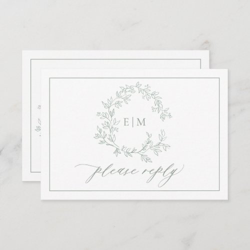 Sage Green Leafy Crest Monogram Wedding RSVP Card