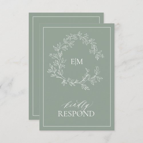 Sage Green Leafy Crest Monogram Wedding RSVP Card