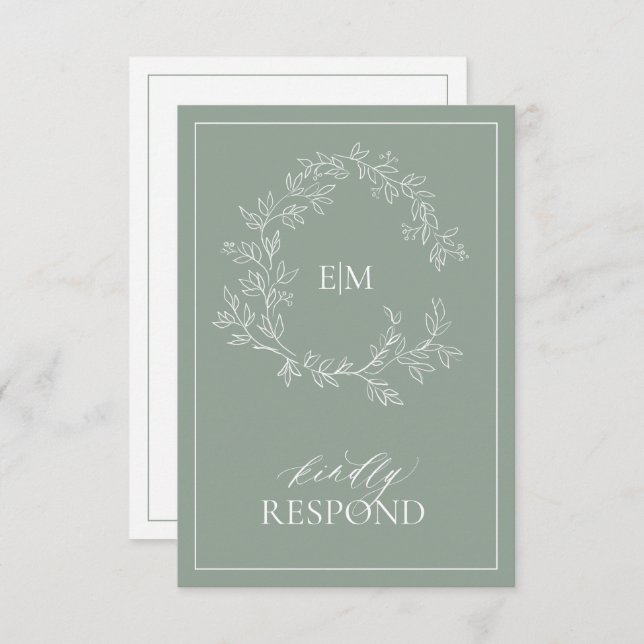 Sage Green Leafy Crest Monogram Wedding RSVP Card (Front/Back)