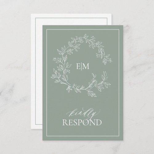 Sage Green Leafy Crest Monogram Wedding RSVP Card