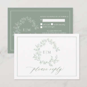 Sage Green Leafy Crest Monogram Wedding RSVP Card