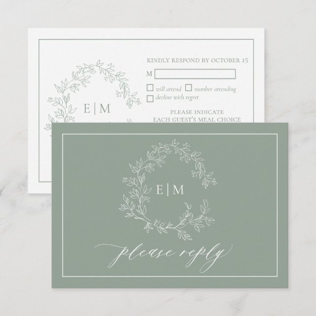 Sage Green Leafy Crest Monogram Wedding RSVP Card (Front/Back)