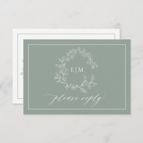 Sage Green Leafy Crest Monogram Wedding RSVP Card