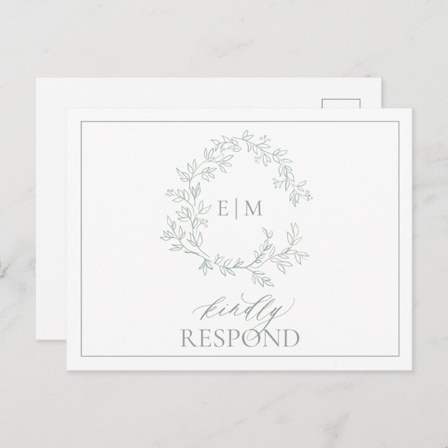 Sage Green Leafy Crest Monogram Wedding RSVP Invit Invitation Postcard (Front/Back)