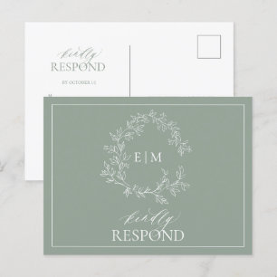 Sage Green Leafy Crest Monogram Wedding RSVP Invitation Postcard