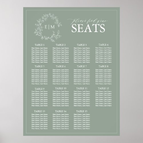Sage Green Leafy Crest Monogram Wedding Seating Po Poster