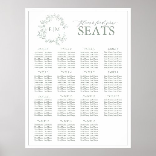 Sage Green Leafy Crest Monogram Wedding Seating Poster