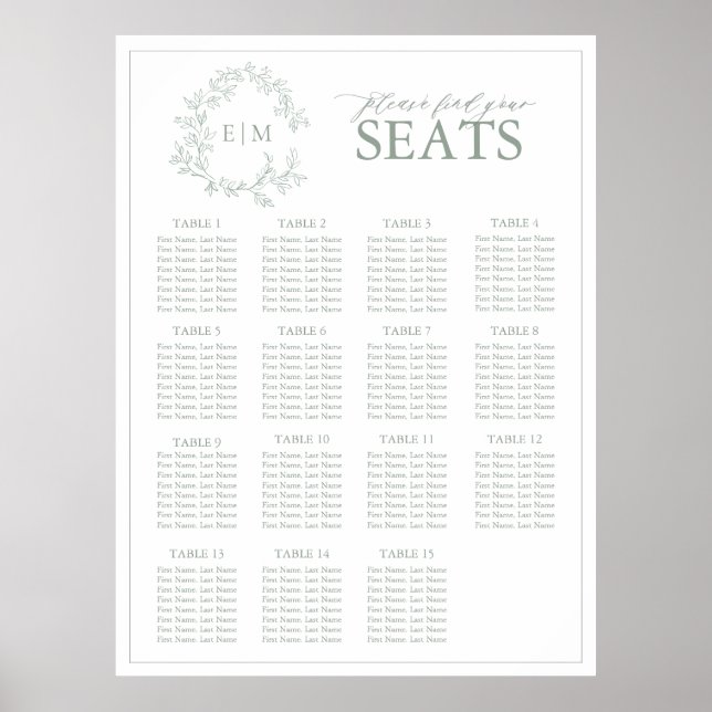 Sage Green Leafy Crest Monogram Wedding Seating Poster (Front)