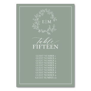 Sage Green Leafy Crest Monogram Wedding Table Numb Number
