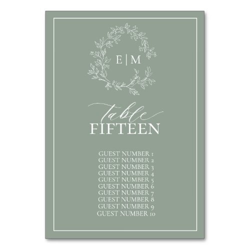 Sage Green Leafy Crest Monogram Wedding Table Numb Table Number