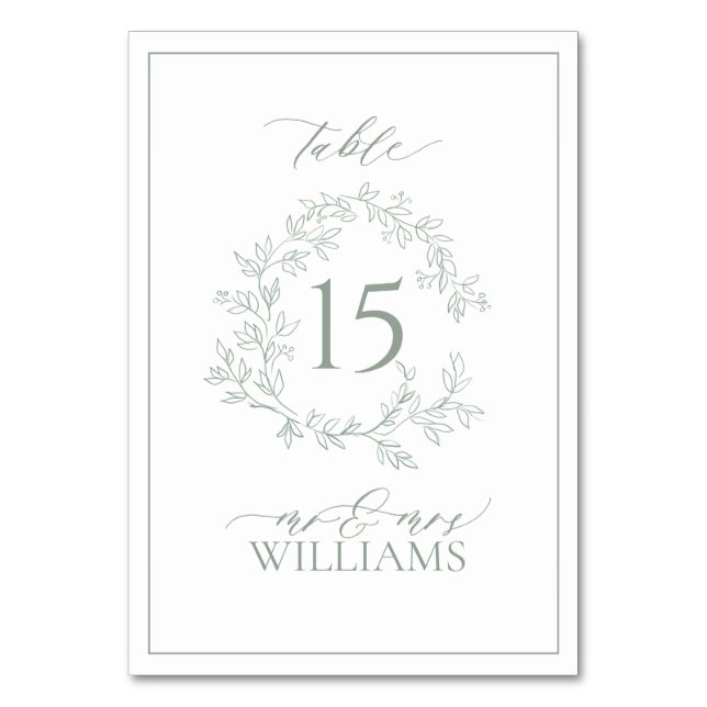 Sage Green Leafy Crest Monogram Wedding Table Number (Front)