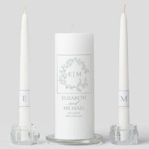 Sage Green Leafy Crest Monogram Wedding Unity Cand Candle Set