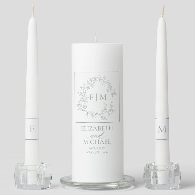 Sage Green Leafy Crest Monogram Wedding Unity Cand Candle Set (Front)