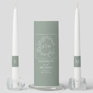 Sage Green Leafy Crest Monogram Wedding Unity Candle Set