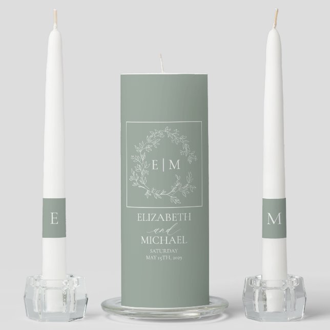 Sage Green Leafy Crest Monogram Wedding Unity Candle Set (Front)