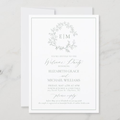 Sage Green Leafy Crest Monogram Welcome Party Invitation