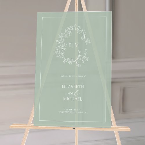 Sage Green Leafy Crest Monogram Welcome Wedding Acrylic Sign