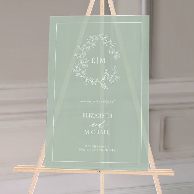 Sage Green Leafy Crest Monogram Welcome Wedding Acrylic Sign (Wedding Welcome Sign!)