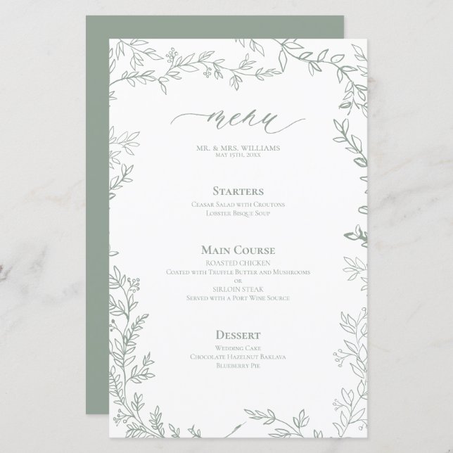 Sage Green Leafy Frame Wedding Menu (Front/Back)