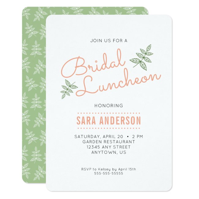 Sage Green Leaves and Coral Bridal Luncheon Invitation
