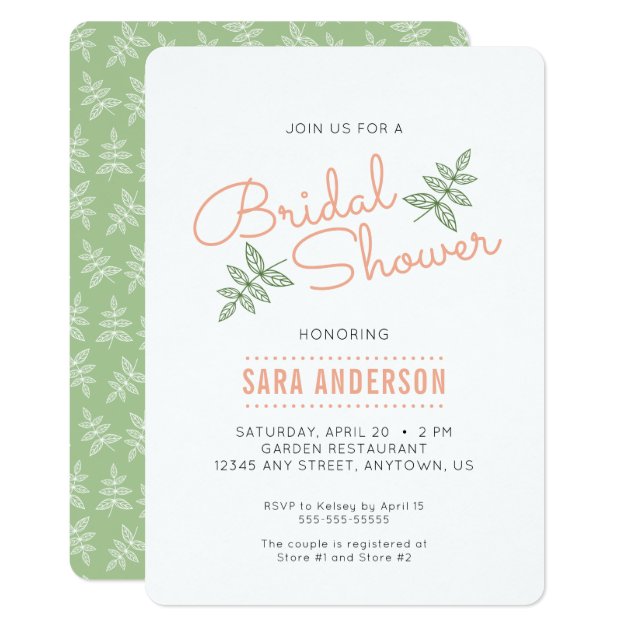 Sage Green Leaves And Coral Bridal Shower Invite