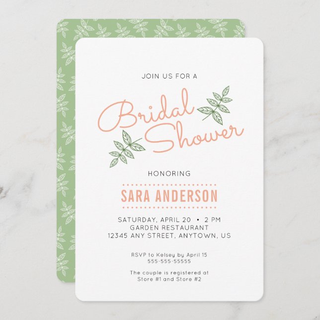 Sage Green Leaves and Coral Bridal Shower Invite (Front/Back)