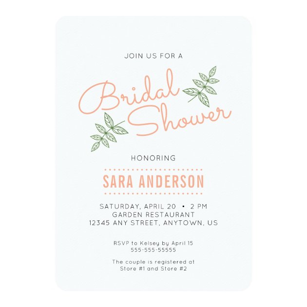 Sage Green Leaves And Coral Bridal Shower Invite