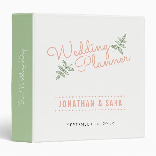 Sage Green Leaves and Coral Wedding Planner 3 Ring Binder