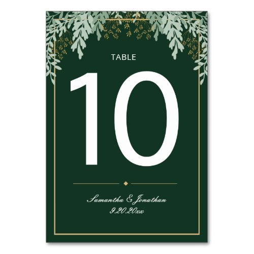 Sage Green Leaves and Emerald Green  Wedding Table Number