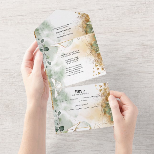 Sage Green Leaves and Gold Dust Wedding | All In One Invitation (Tearaway)