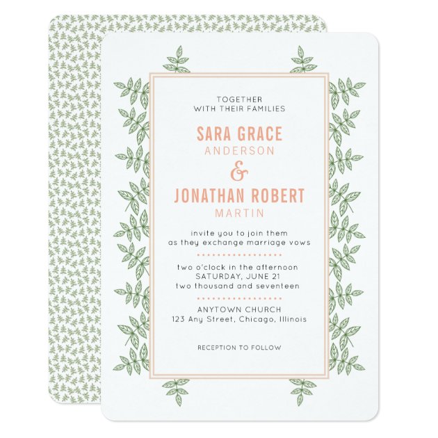 Sage Green Leaves Coral Border Wedding Invitation