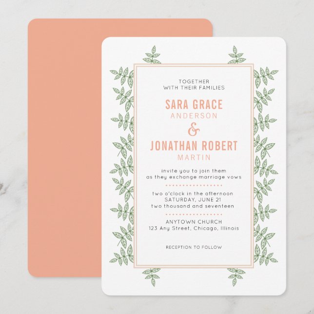 Sage Green Leaves Coral Border Wedding Invitation (Front/Back)