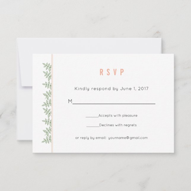 Sage Green Leaves Coral Border Wedding RSVP Card (Front)