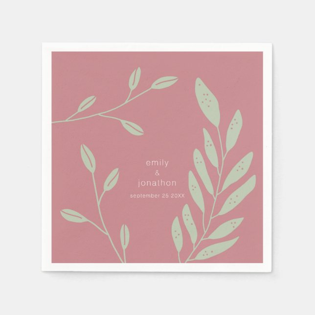 Sage Green Leaves Dusty Rose Names Date Wedding Napkins (Front)