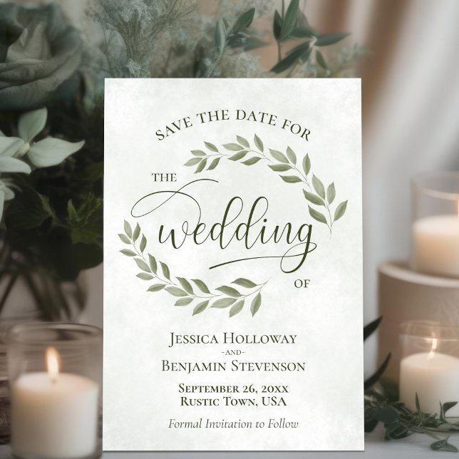 Sage Green Leaves Elegant Modern Script Wedding Save The Date (Creator Uploaded)