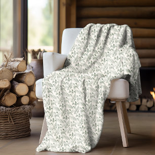 Sage Green Leaves Floral Art Pattern On Ecru Ivory Fleece Blanket
